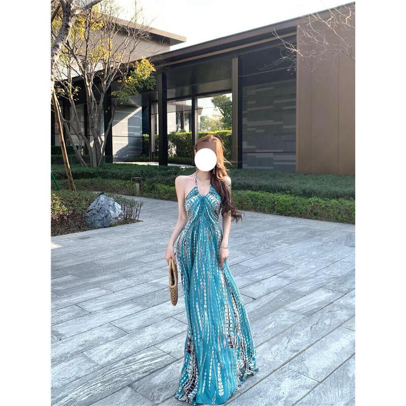 French Island Resort Style Halterneck Backless Suspender Dress for Women Summer Super Fairy Large Skirt Pure Desire Versatile Long Skirt