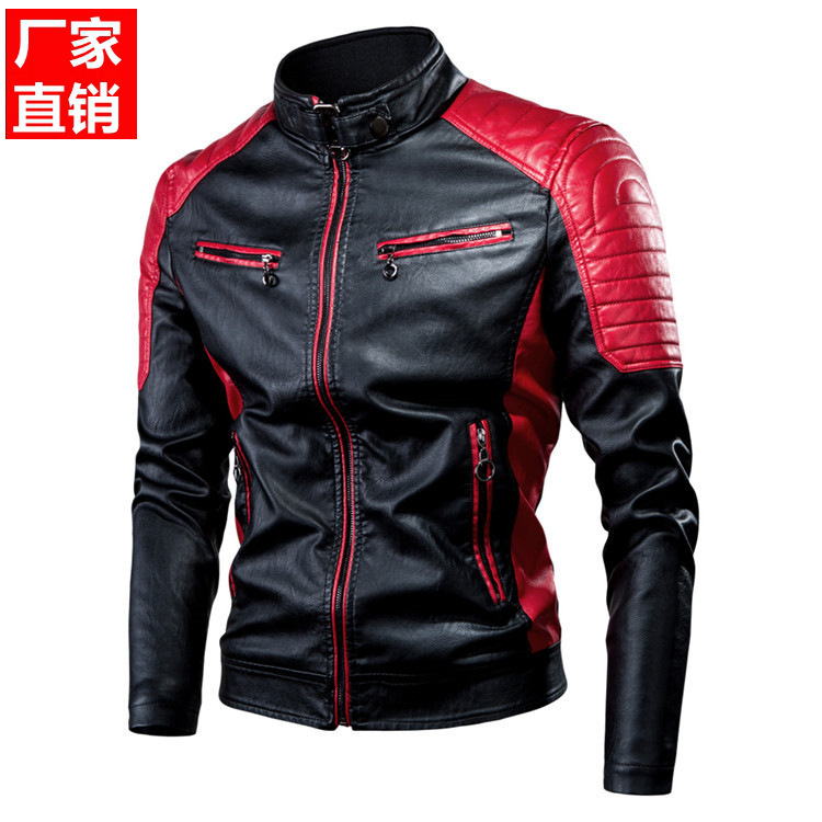 2020 Comercio exterior transfronterizo Otoño e Invierno chaqueta de cuero de costura de motocicleta casual cuello de pie de moda de los hombres chaqueta de cuero caliente Retro