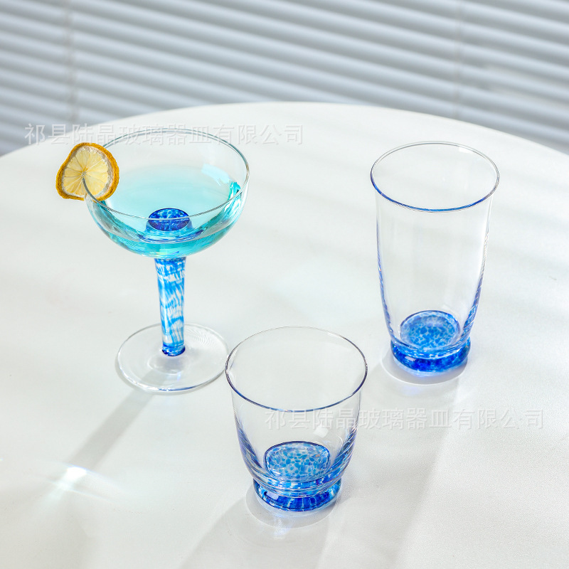 Lu Jing azul patrón flor semilla Copa artificial soplado taza de vino tinto cristal vidrio hogar vidrio de vino