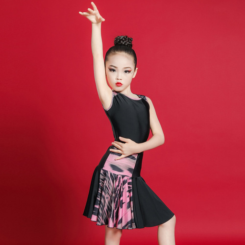 Girls pink leopard Latin dance dresses children Latin practice clothes Girls latin stage performance costumes