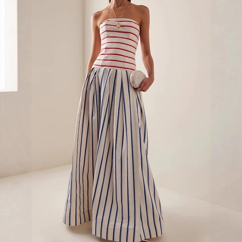 2025 Amazon Striped Strapless Color-Block Dress, Waist-Cinching Slimming Backless Tube Top Long Dress, Sanya Beach Dress 2025 Amazon Striped Strapless Color-Block Dress, Waist-Cinching Slimming Backless Tube Top Long Dress, Sanya Beach Dress