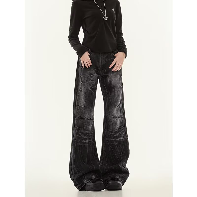Black and gray lightning pattern washed micro-flare jeans for women, trendy wide straight-leg slimming retro loose-fitting floor-length pants Black and gray lightning pattern washed micro-flare jeans for women, trendy wide straight-leg slimming retro loose-fitting floor-length pants
