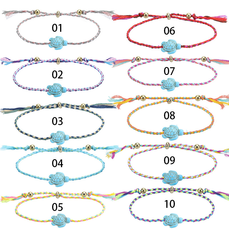7g Weight Alloy, Turquoise Pendant Material Bracelets Classification Bohemian Turtle Alloy Turquoise Cotton Thread Woven Chain String Bracelets Wholesale
