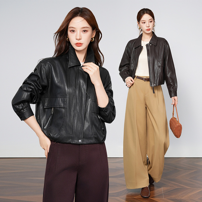 专柜同款绵羊皮皮衣女2026春秋新款时尚气质海宁短款皮夹克外套潮