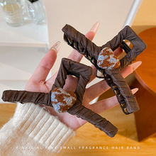 复古千鸟格爱心大号发夹女秋冬大夹子夹头发抓夹后脑勺盘发鲨鱼夹