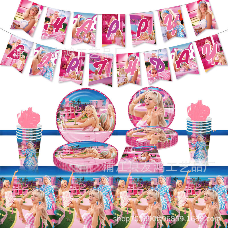 New Barbie Doll Theme Party Tableware Decorative Paper Tray Paper Cup Tablecloth Birthday Decoration Knife, Fork and Spoon Set