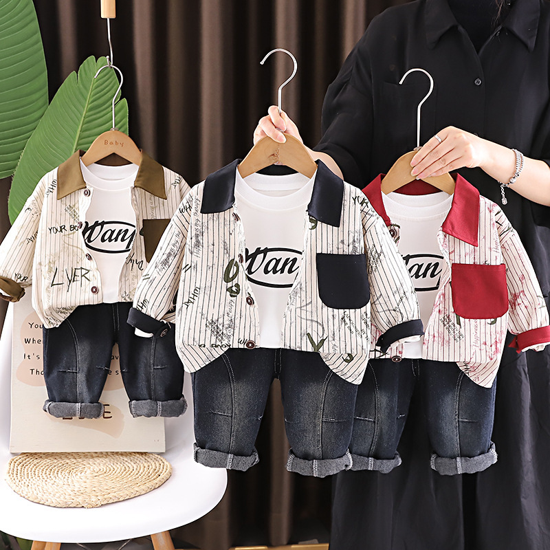 Children's clothing boys' autumn outfit set 2026 new style baby children's spring and autumn stylish Korean version color-blocked pocket three-piece set