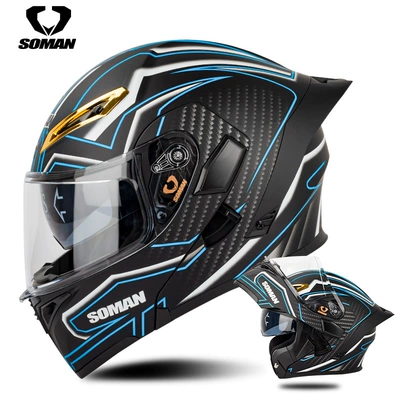 Soman Motorcycle Dual-Lens Helmet: Motosiklet kaskı (dəbilqə) - matte-black-blue-line-s