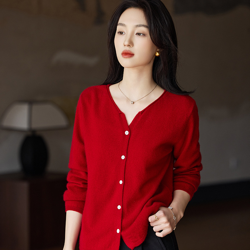 Autumn and Winter New Half-Open V Neck All-Wool Knitted Cardigan for Women Pure Color Curled Loose Versatile Sweater Jacket Korean Style