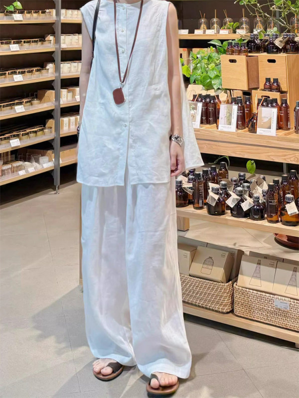 Casual White Vest and Pants Set for Women, Summer Old Money Style, Linen Vest Top and Cotton-Linen Two-Piece Set