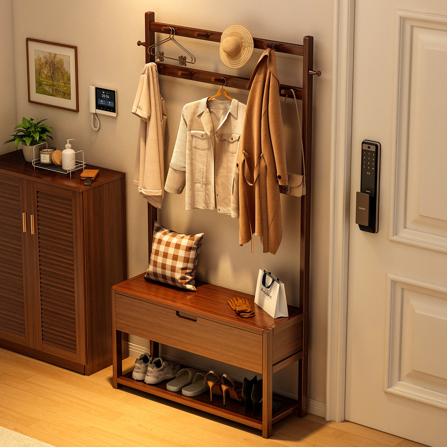 Porta de ropa y sombrero integrado taburete de cambio de zapatos casa puerta de zapatos de acabado de almacenamiento rack de zapatos puerta de entrada elevador rack de almacenamiento de ropa