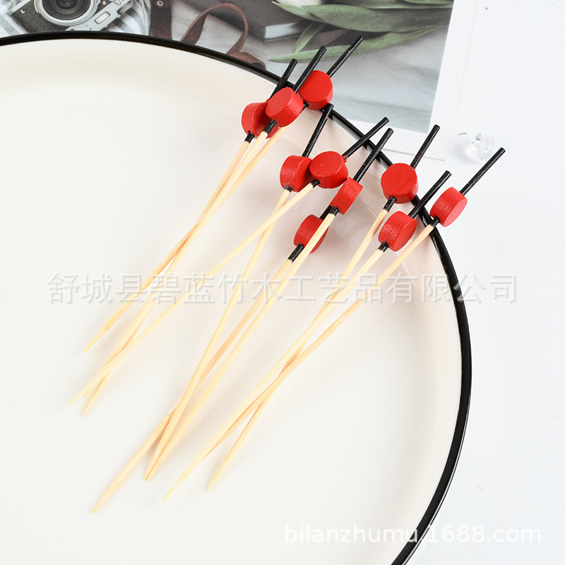 Perlas rojas de bambú etiqueta de cóctel etiqueta de fruta etiqueta de té de leche desechable horquilla de fruta de madera al por mayor