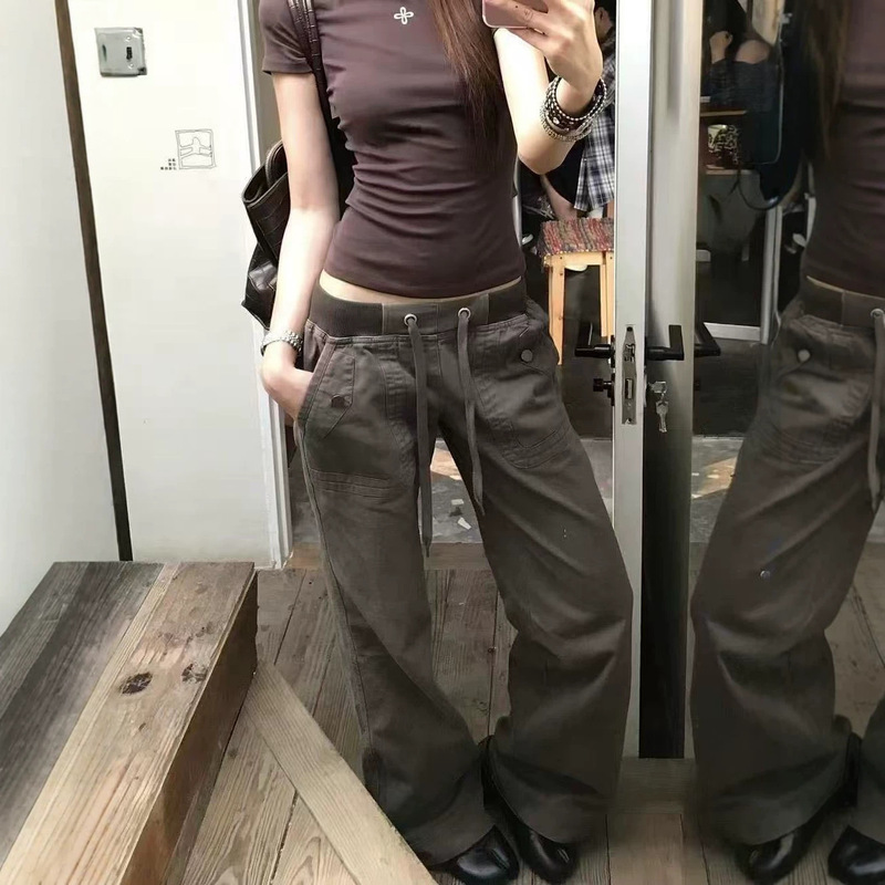European and American style unique street fashion slim-fit workwear trousers for women, straight wide-leg pants with straps, low-waist casual jeans, trendy European and American style unique street fashion slim-fit workwear trousers for women, straight wide-leg pants with straps, low-waist casual jeans, trendy
