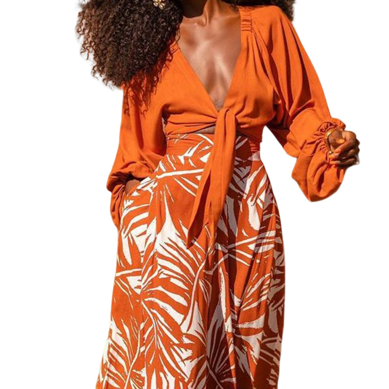 Women's Clothing new women's fashionable temperament printed pants V neck top long sleeved two piece set_voghion.com