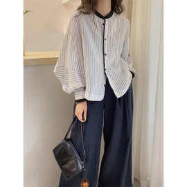 灯笼袖竖条纹休闲衬衫女欧洲站2025早春新款欧货女装设计感上衣潮