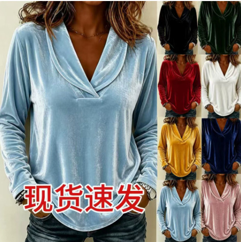 2026 Autumn European and American Cross-Border Amazon Independent Station Fashion Women's New Solid Color Doll Collar Long Sleeve Sexy Velvet