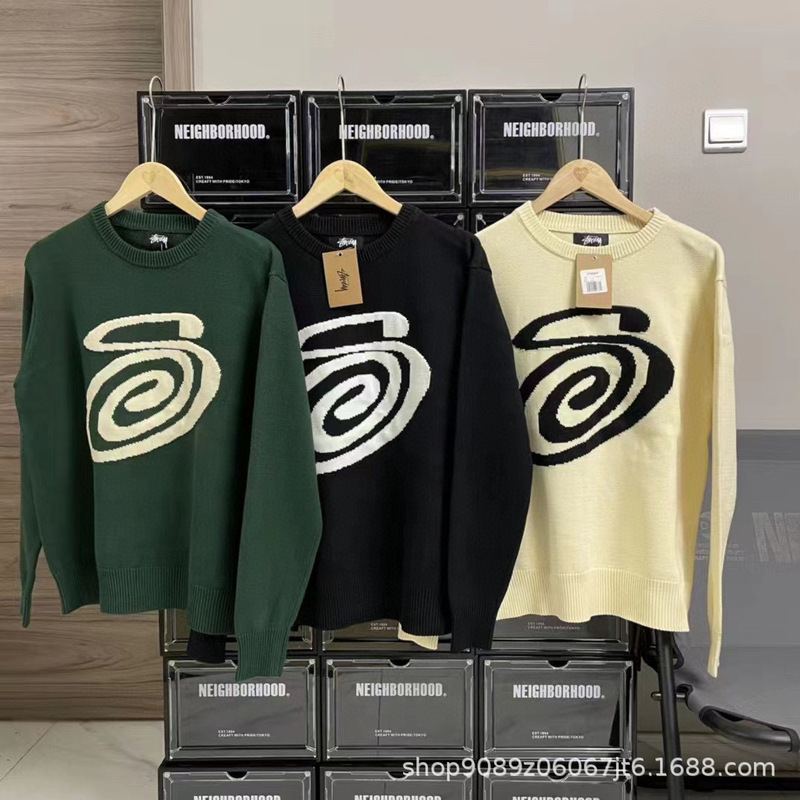 2023 Cross-Border European and American Export Spot New Sc Letter Series Mosquito Coil Jacquard Logo Pure Color Round Neck Sweater