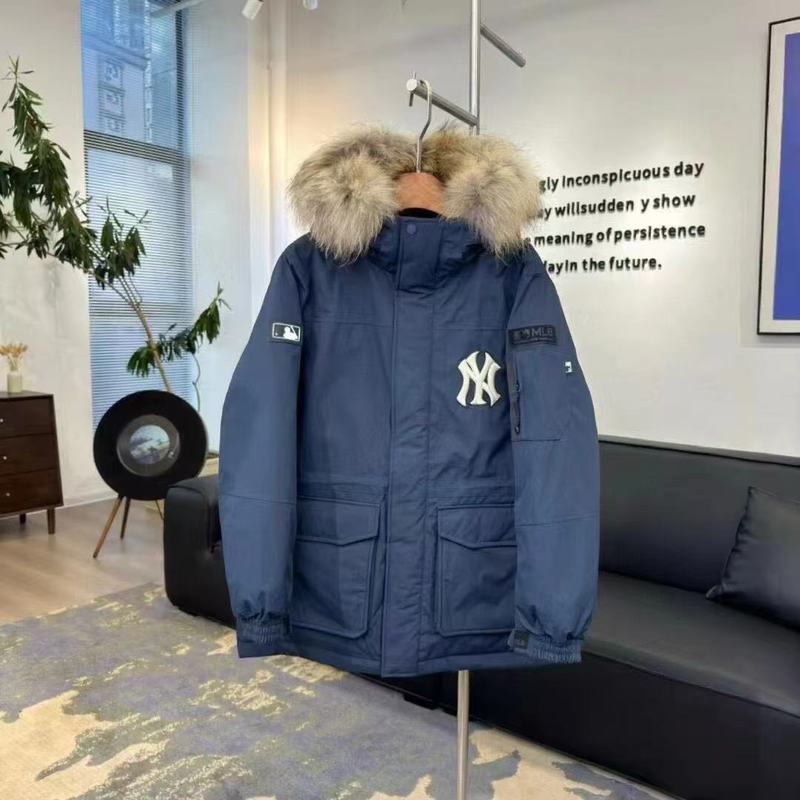 MLB韩国羽绒服2024冬季洋基队ny中长款防风毛领工装连帽情侣外套|undefined