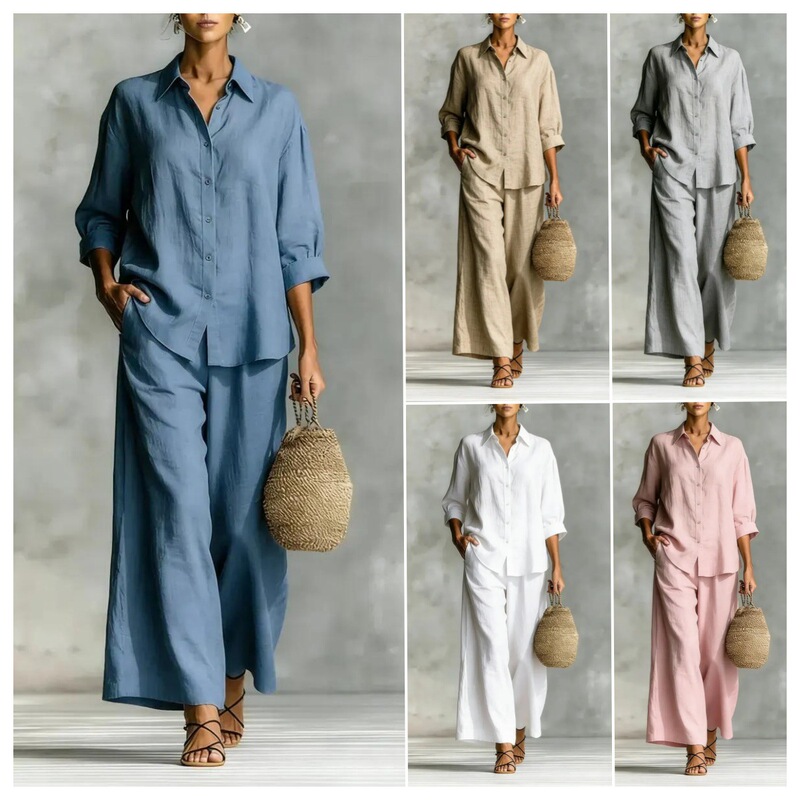 New Foreign Trade Women's Suits 2026 Casual Independent Brand Women's Clothing Amazon European and American Cotton-Linen Wide-Leg Pants Set