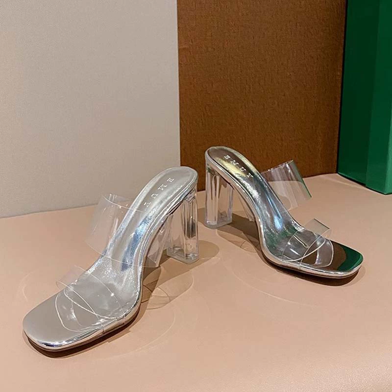 Прозрачные туфли на высоком каблуке женский 2023 новый серебряный хрустальный каблук тапочки