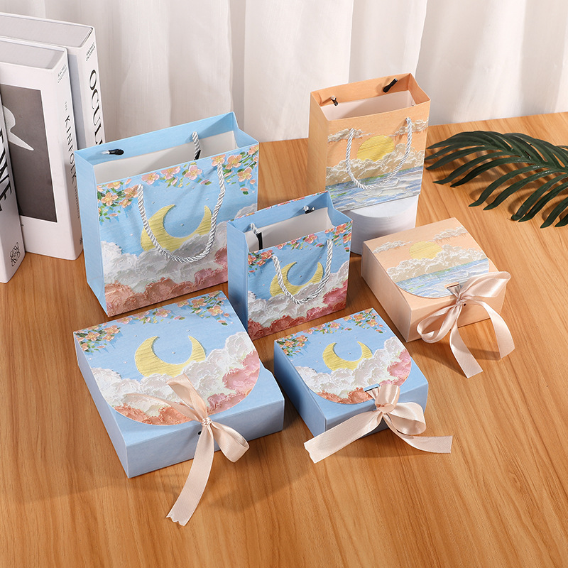 新品油画风蝴蝶结精致礼盒带礼袋送女朋友情人节礼物空盒伴手礼盒