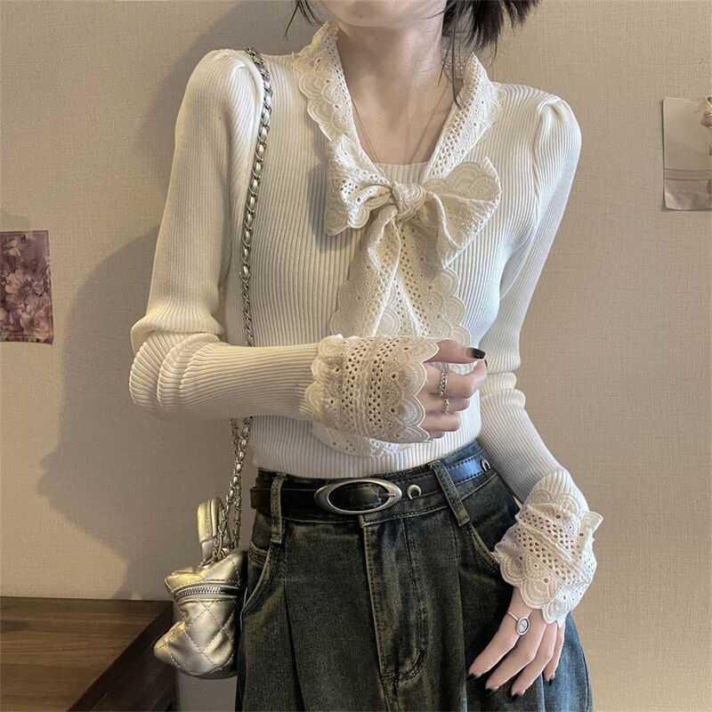 Chic and Beautiful Lace Butterfly Flutter Collar Top for Women with Puff Sleeves Knitted Bottoming Shirt New Inner Wear for Autumn and Winter