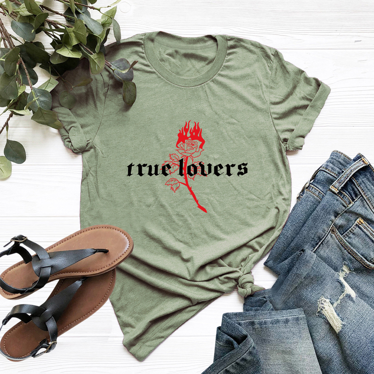 rose letter printing pure cotton T-shirt  NSSN36569