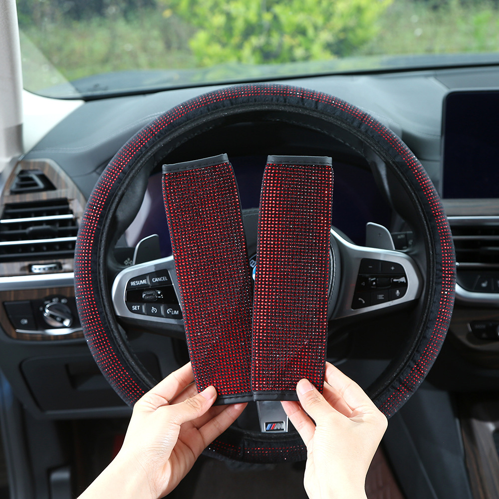 Full-diamond car steering wheel cover, dazzling rhinestone seatbelt shoulder pad, universal for all seasons, rearview mirror protective cover, wholesale