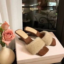 葡萄妈同款增高5CM水貂毛毛拖鞋一字带方头异形坡跟休闲拖鞋外穿