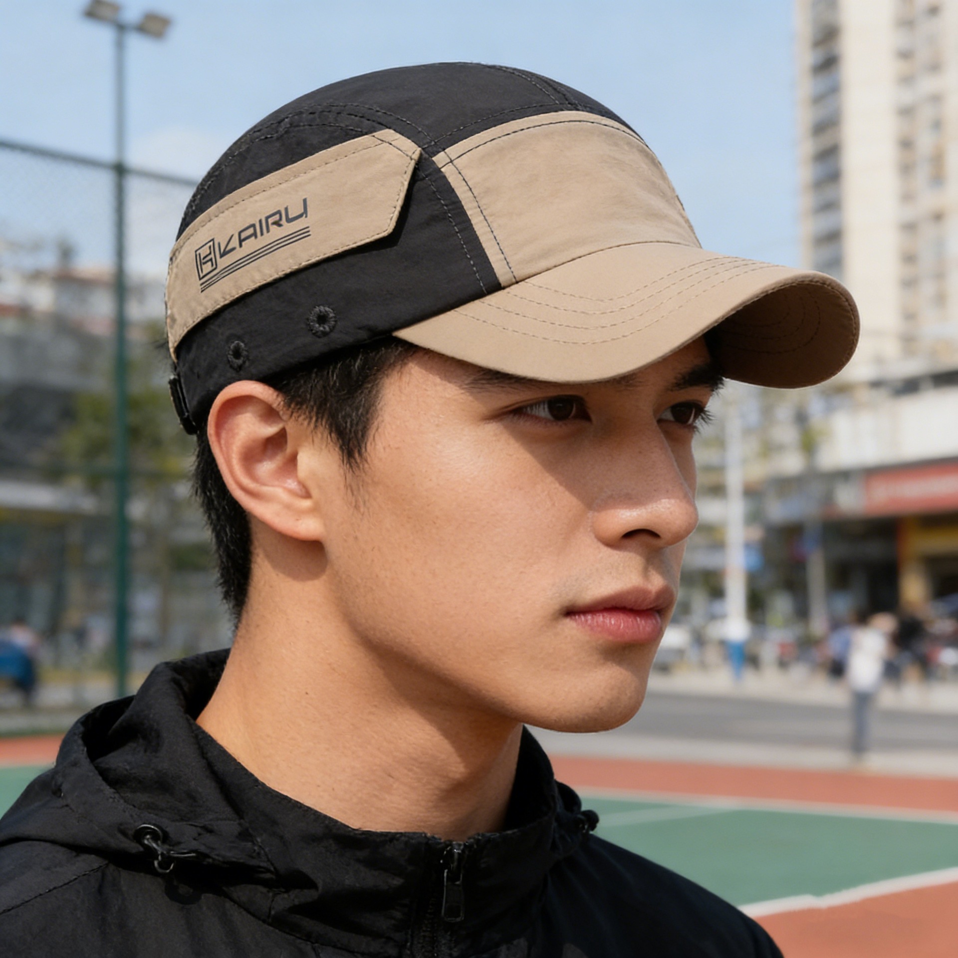 Sommerliche Baseballkappe im amerikanischen Duckbill-Stil mit Patchwork-Design, Farbblock-Optik, schnelltrocknend, wasserdicht, mit kurzem Schirm, für Outdoor-Aktivitäten_voghion.com