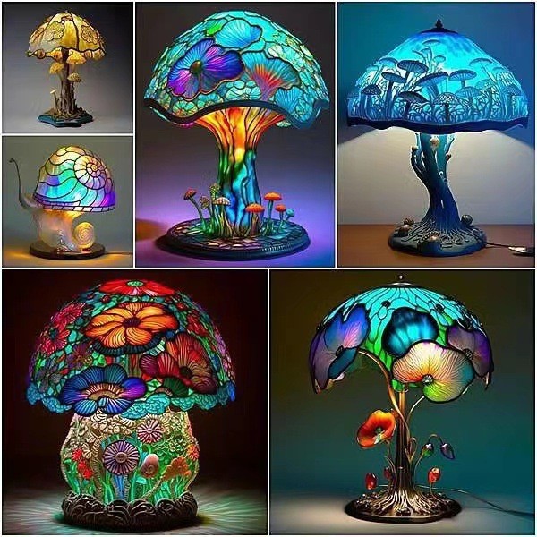 跨境Stained Glass Plant Series Table Lamp 彩绘树脂植物 台灯