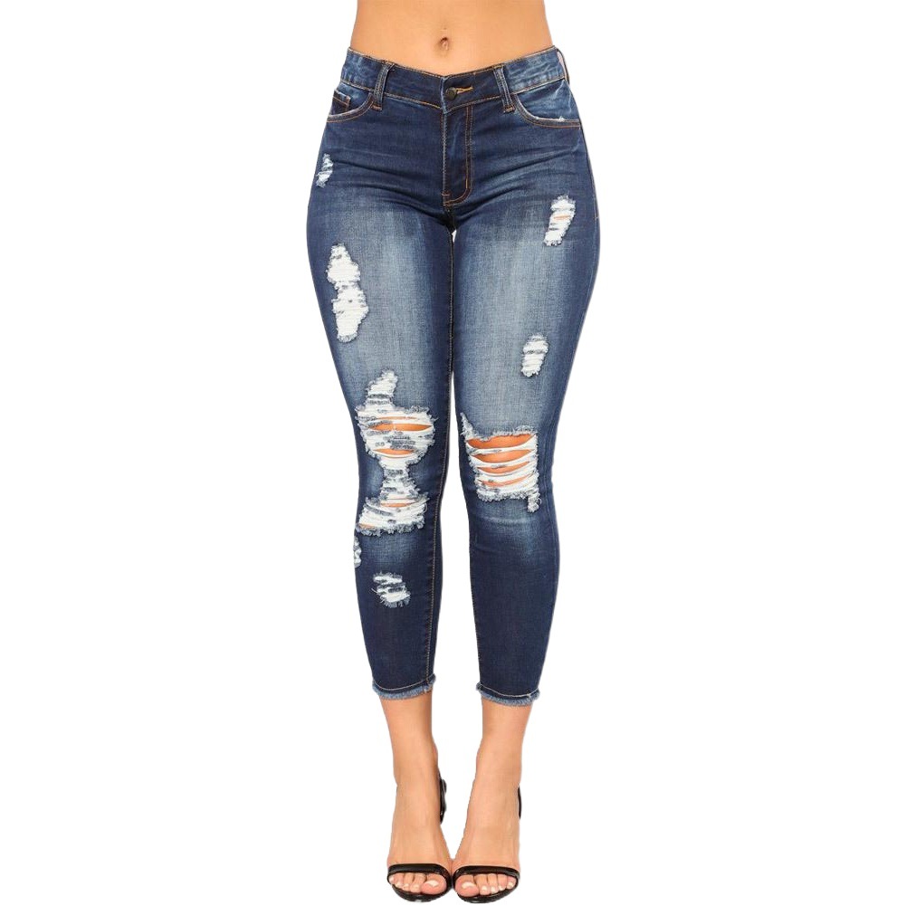 2023 verano Amazon en stock al por mayor de alta elástico recortada ripped mujeres skinny hip lifting jeans moda