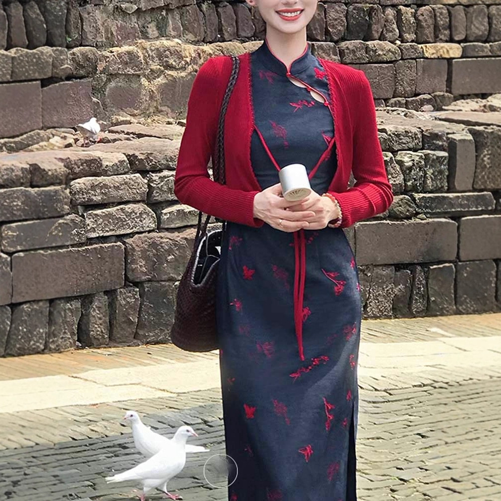 Sujin New Chinese Butterfly Print Modified Qipao For Women, Playful And Cute, Early Autumn National Style Stand Collar_ecoleips.com