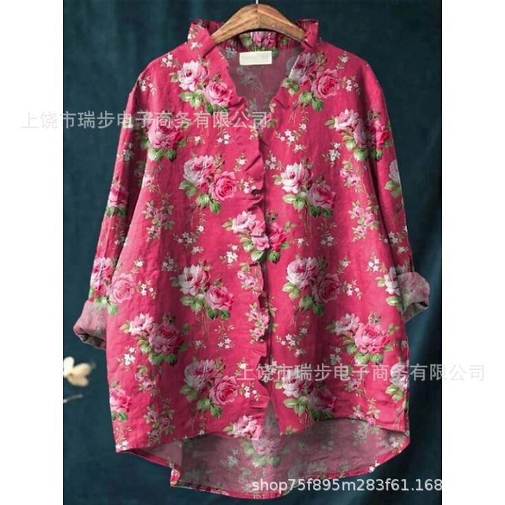 Spring and Autum Women's Long-Sleeved Lace Collar Design Hot-Selling 3D Digital Printed V Neck Floral Shirt
