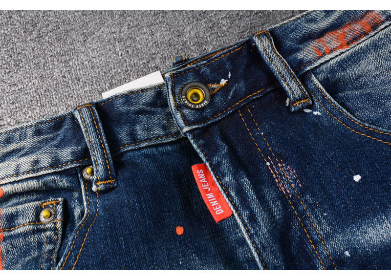 Men's Retro Blue Washed Jeans | Splatter Paint & Ripped Detail | Relaxed Straight Leg Denim Pants Comfortable Straight Leg Fit_viptrois.com