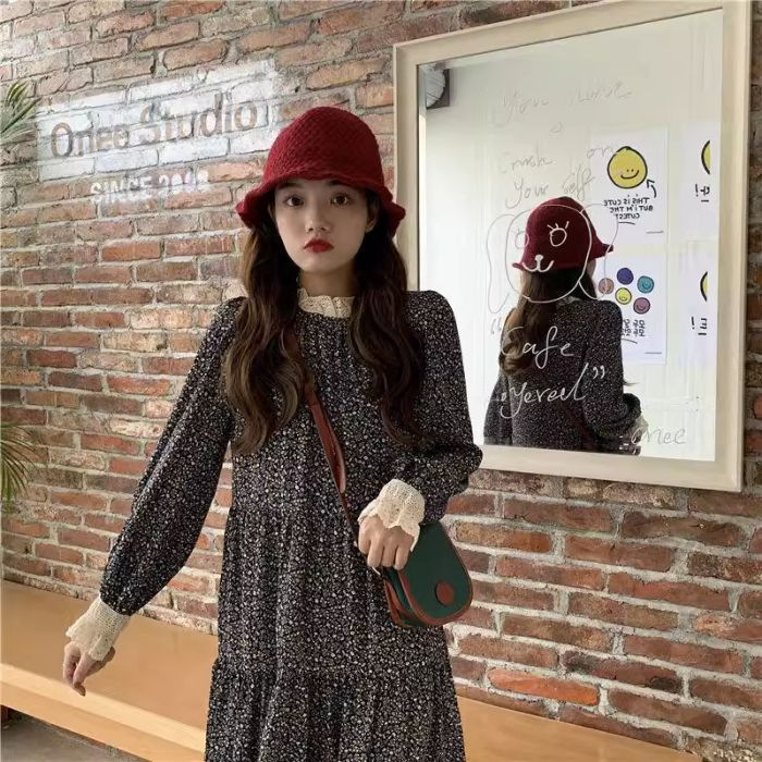 碎花蕾丝拼接长袖秋冬季新款复古法式女装梗裙宽松内搭打底连衣裙|undefined