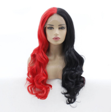 Europa y América mitad roja mitad empalmado negro ondas delanteras encaje mitad gancho peluca LW0152