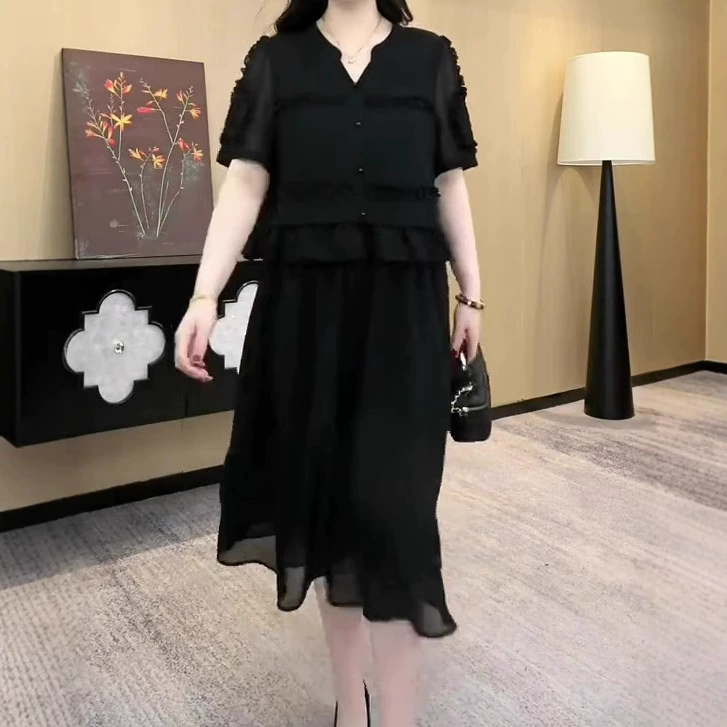 2025 французский новый счетчик того же темперамента свободный большой размер тонкая высококачественная шифоновая юбка толстая женская одежда MM