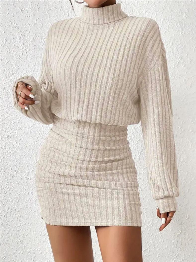 GraceChic Cross-Border European And American 2025 Autumn Winter New Bodycon Long Sleeve High Neck Ribbed Knitted Sexy Dress_voghion.com