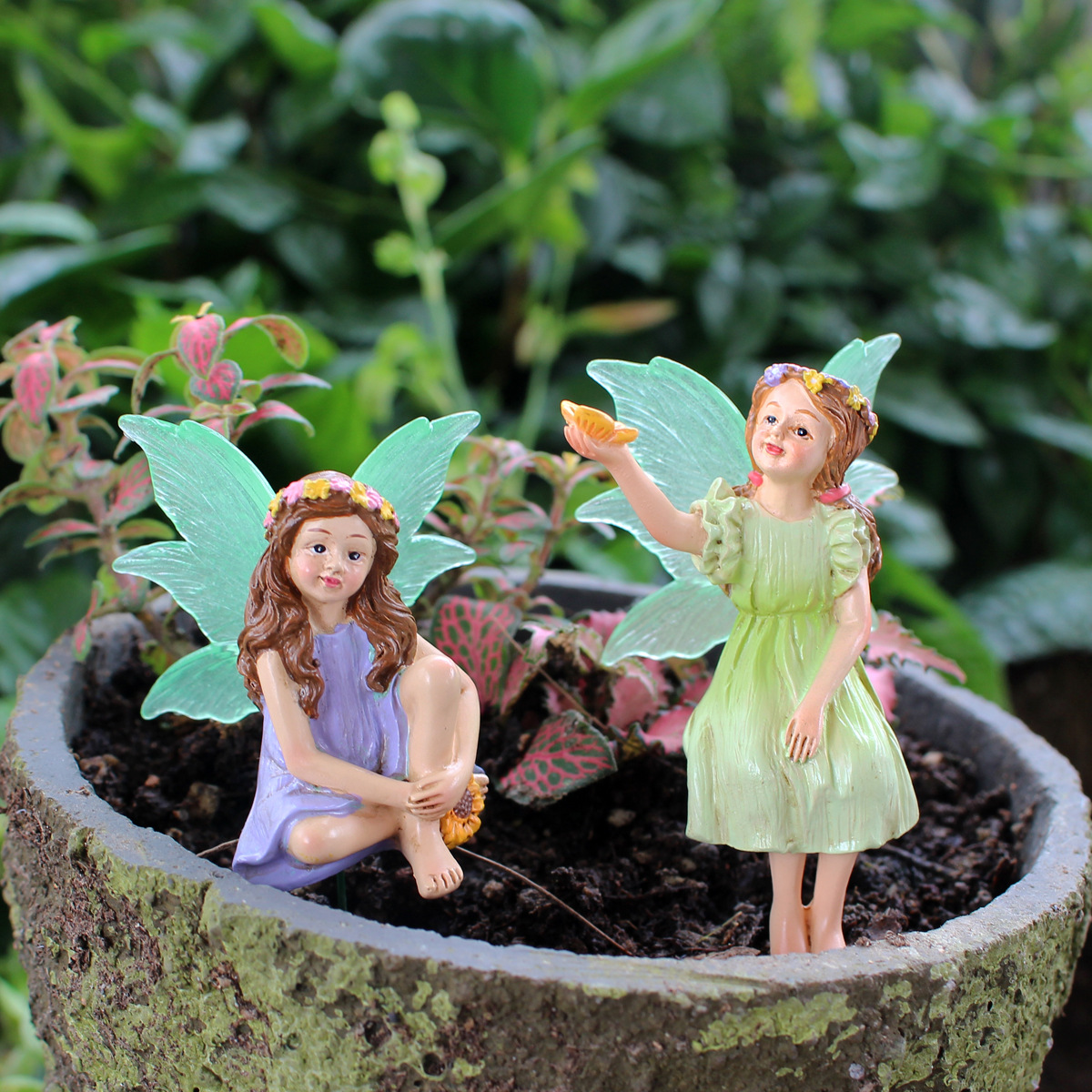  Luminous Flower Fairy Set of Five Plug-in Ornaments Resin Elf Fairy Micro Landscape Garden Statue Potted Plant Decoration