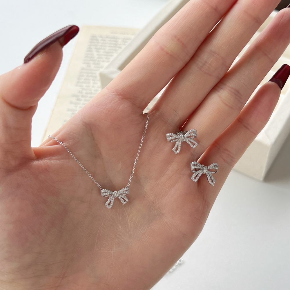 4g Weight Zircon Inlay Material Earrings, Necklace Classification Earrings + Necklace Quantity Holiday, Daily Occasion 925 Sterling Silver Material Bow Knot Pattern Women's Gender Plating, Inlay Design Elegant, Streetwear Style 925 Sterling Silver Zircon Plating Inlay Bow Knot Earrings Necklace 5