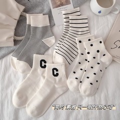 襪子女短襪秋冬季棉襪ins潮日系網紅字母外穿春秋中筒襪黑白波點