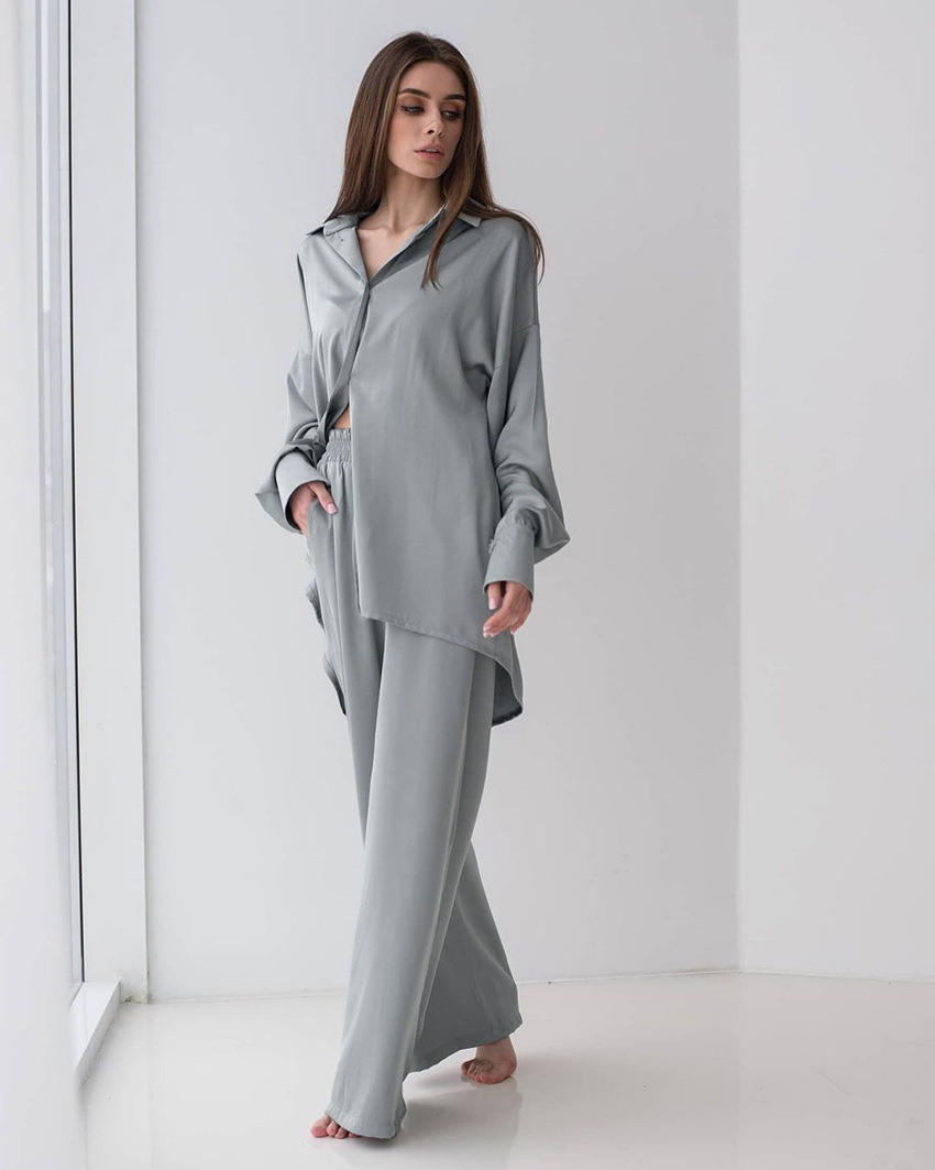 solid color satin lapel long-sleeved shirts trousers pajamas set NSMSY125075