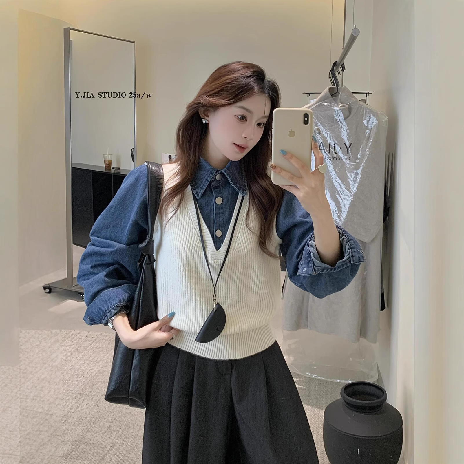 YJIA 伊嘉 秋季韩系设计感撞色牛仔拼接假两件翻领长袖针织衫885