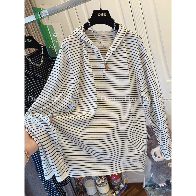 [Fat Girl] Korean Retro Stripesd Long-Sleeved T-Shirt for Women in Spring & Fall Loose Hooded Design Casual Tops