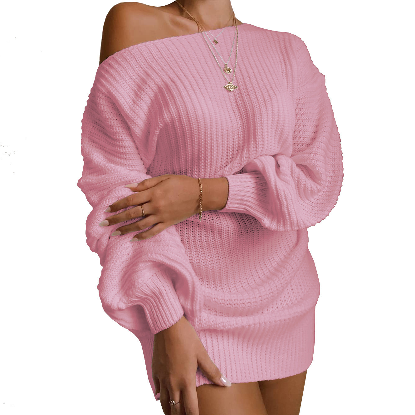 Suéter transfronterizo Otoño/Invierno 2026, éxito de ventas en Amazon, estilo europeo y americano, informal, con hombros descubiertos, manga farol, vestido de punto. image 9