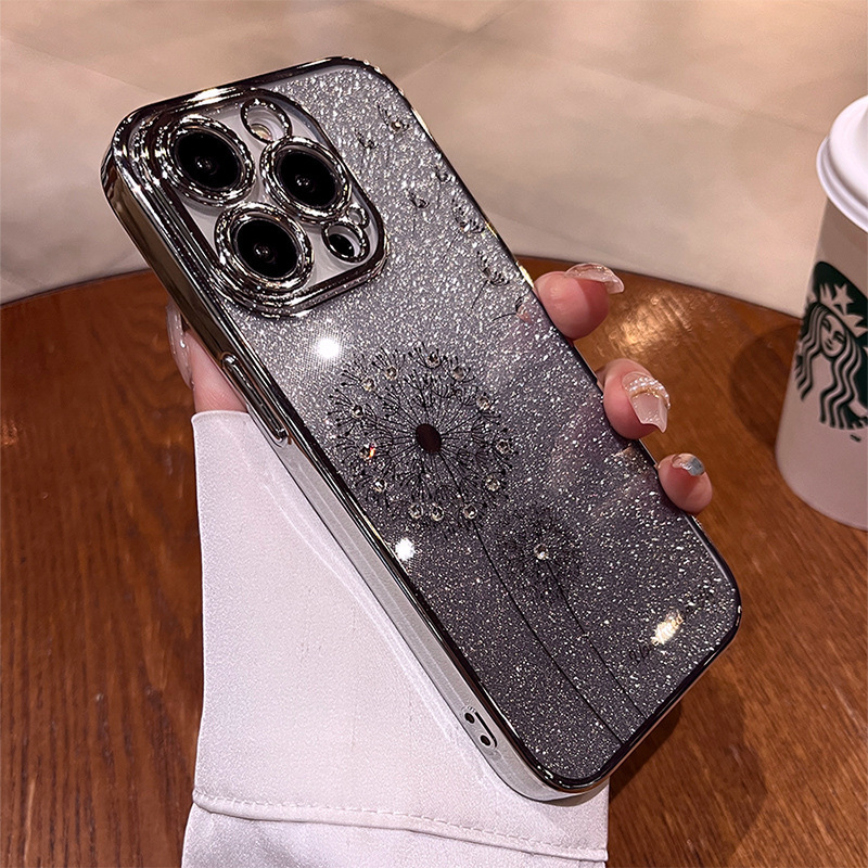 Diente de diente de león de diamantes de imitación de polvo brillante degradado para iphone14 Apple 16ProMax funda para teléfono móvil 15 hombres y mujeres 13 suave 12