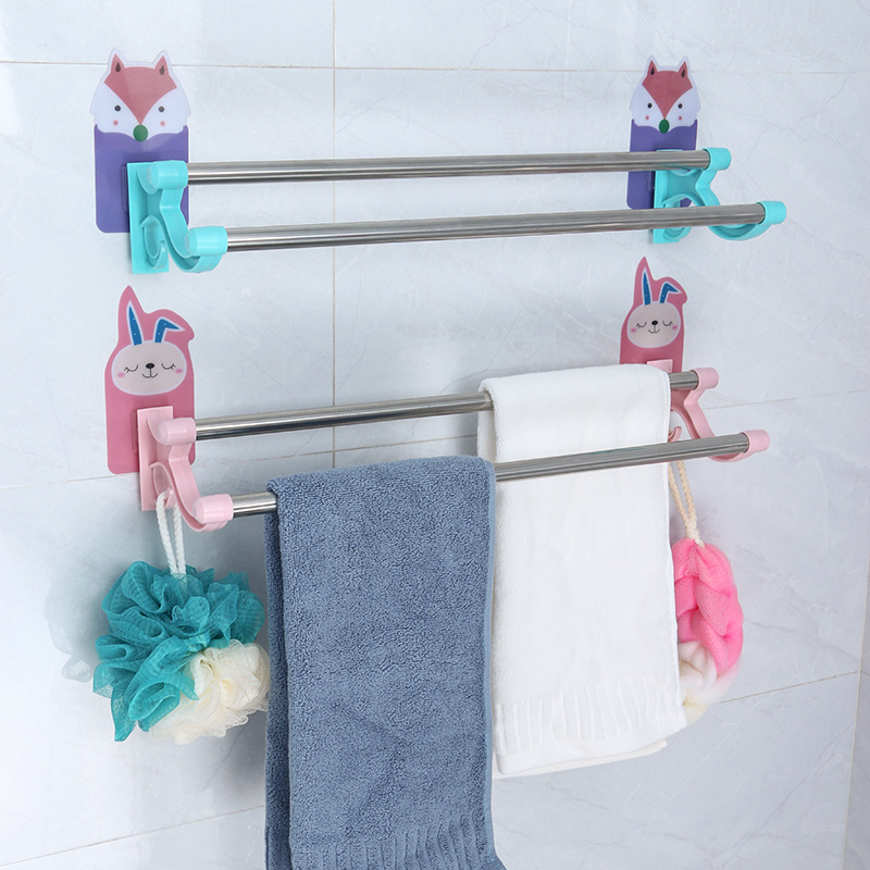 不鏽鋼毛巾架 免打孔雙杆浴巾架 卡通壁挂架 廚房浴室挂架毛巾杆
