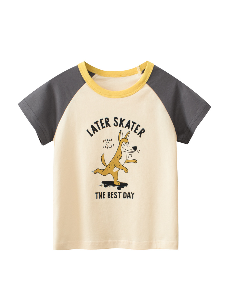 27kids verano nueva ropa para niños dibujos animados coreanos para niños camiseta impresa de manga corta para niños top raglán para bebés al por mayor