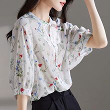雪纺衫女七分袖夏季2023新款衬衫宽松小清新印花遮肚子显瘦上衣